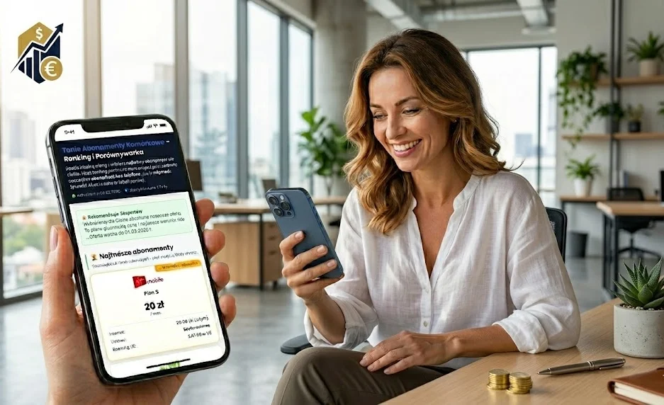 Osoba sprawdzająca najtańsze abonamenty komórkowe na smartfonie